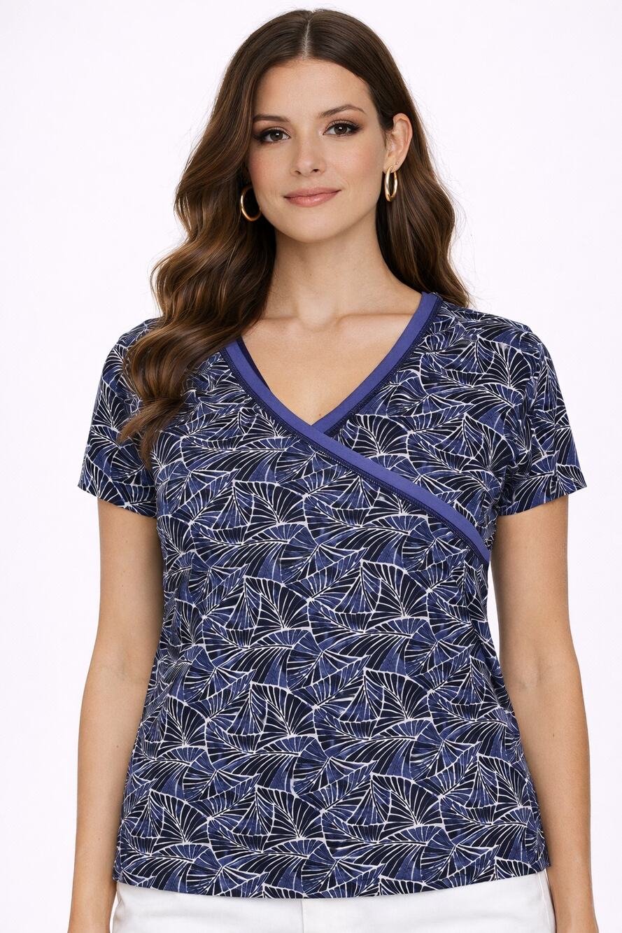 Garnet Hill Womens Organic Cotton V Neck Tropical T Shirt Navy Size Medium NWT
